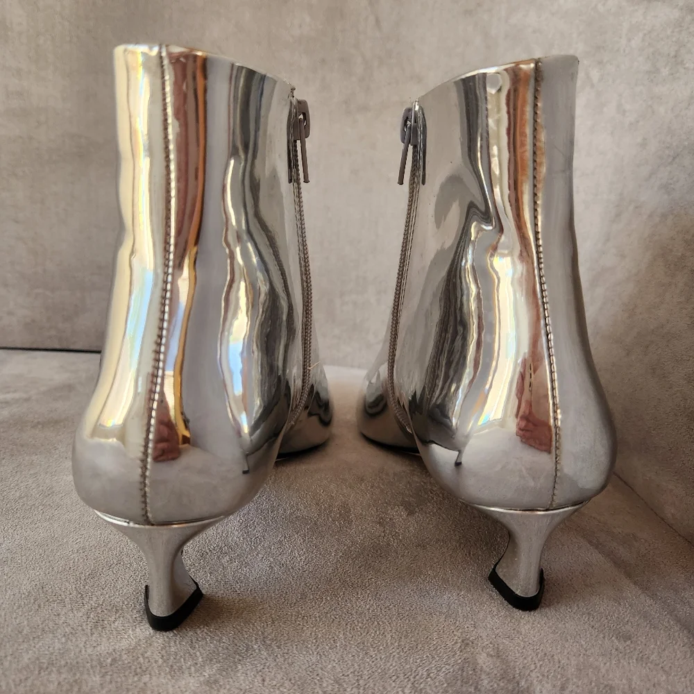 Gianni Bini Booties 6.5 Silver Mirror Georgina Kitten Heels Pointed Toe New $140
